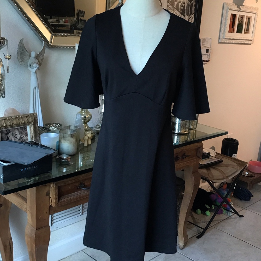 Elegant Black V-Neck Dress with flutter sleeves - A line